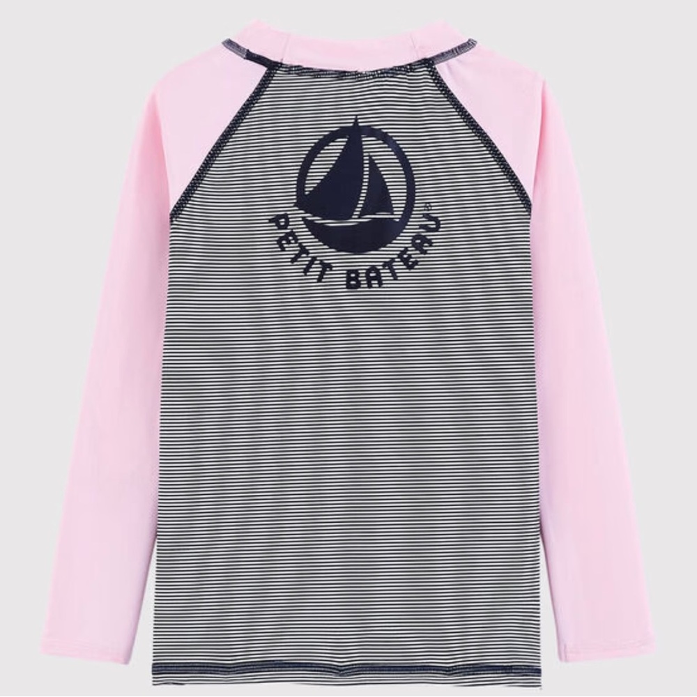 Petit Bateau Girls Navy & White Striped Rashguard with Pink Sleeves - Size 12Y